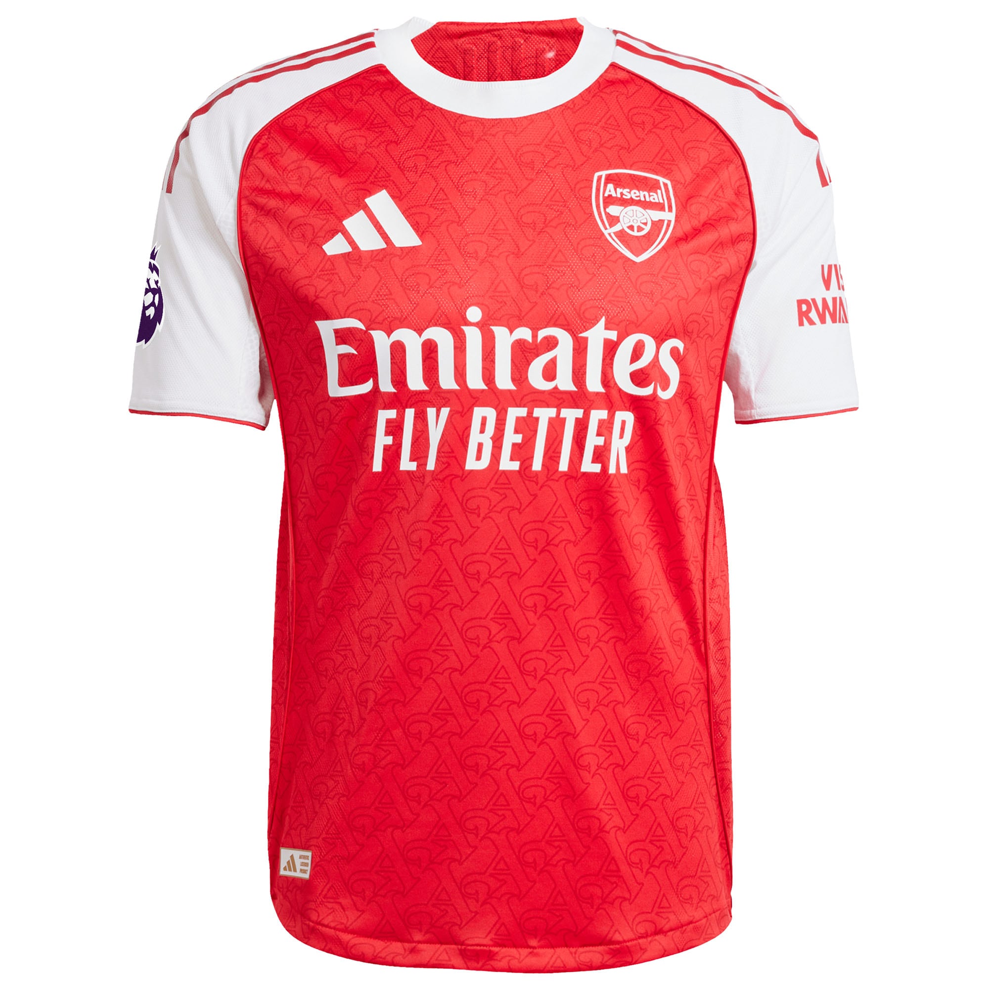 Adidas Arsenal 2025 home Custom jersey in red with white sleeves and Emirates Fly Better logo