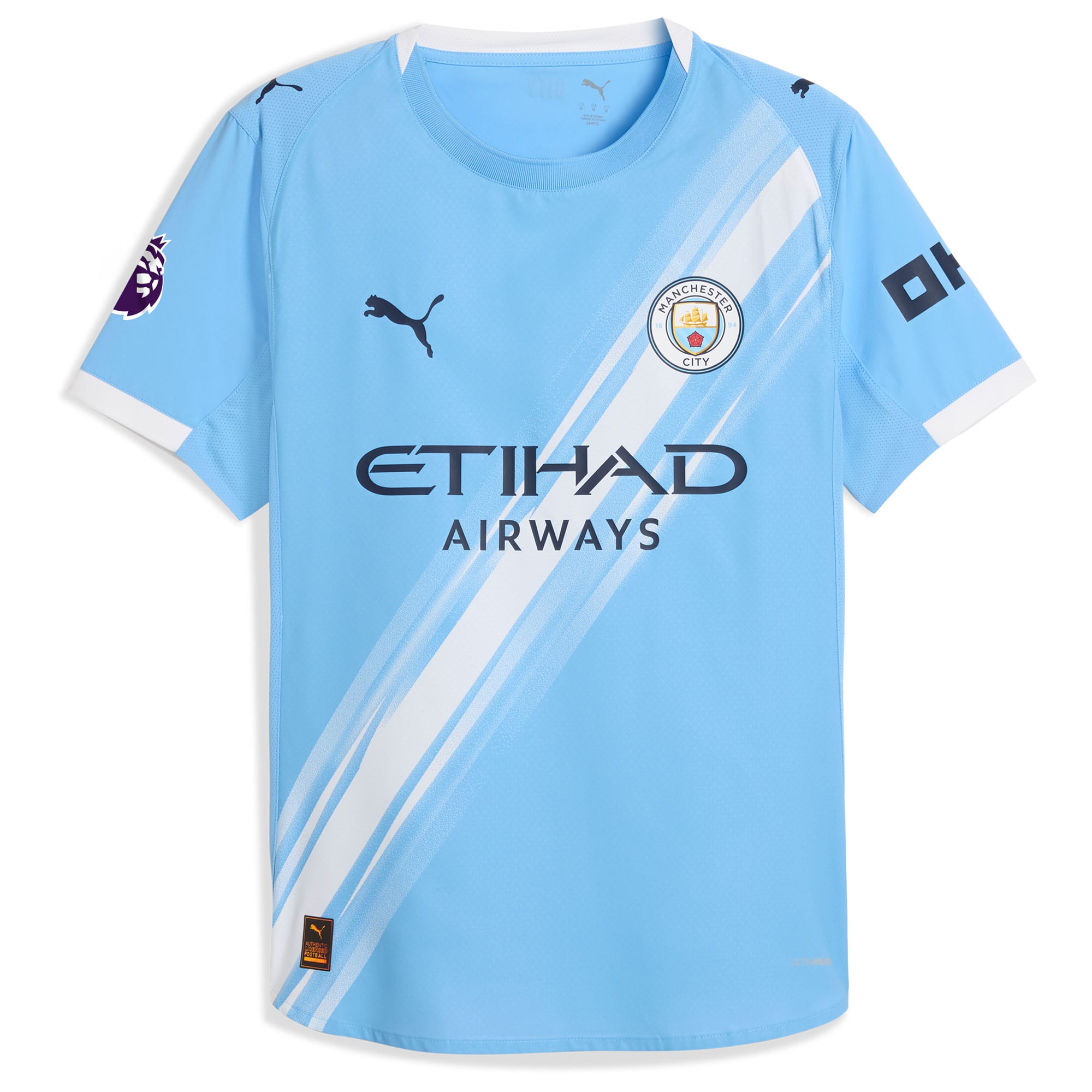 Manchester City 2025 home Puma jersey in sky blue with white diagonal stripes and sponsor logos
